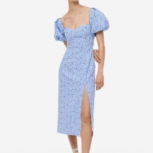 H&M Blue and White Floral Puff Sleeve Dress